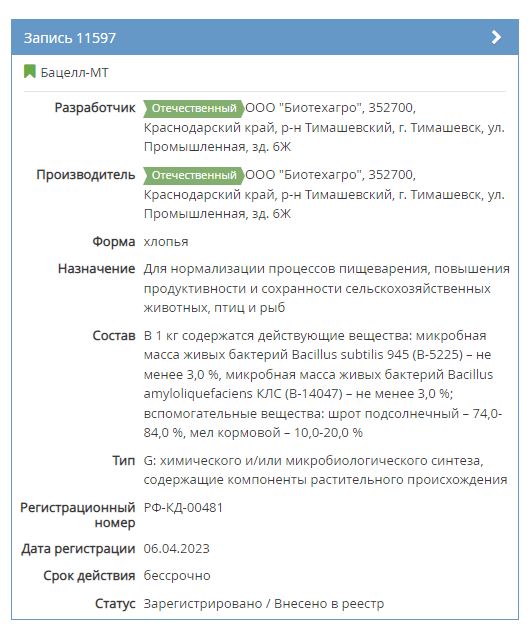 Данные из Реестра кормовых добавок