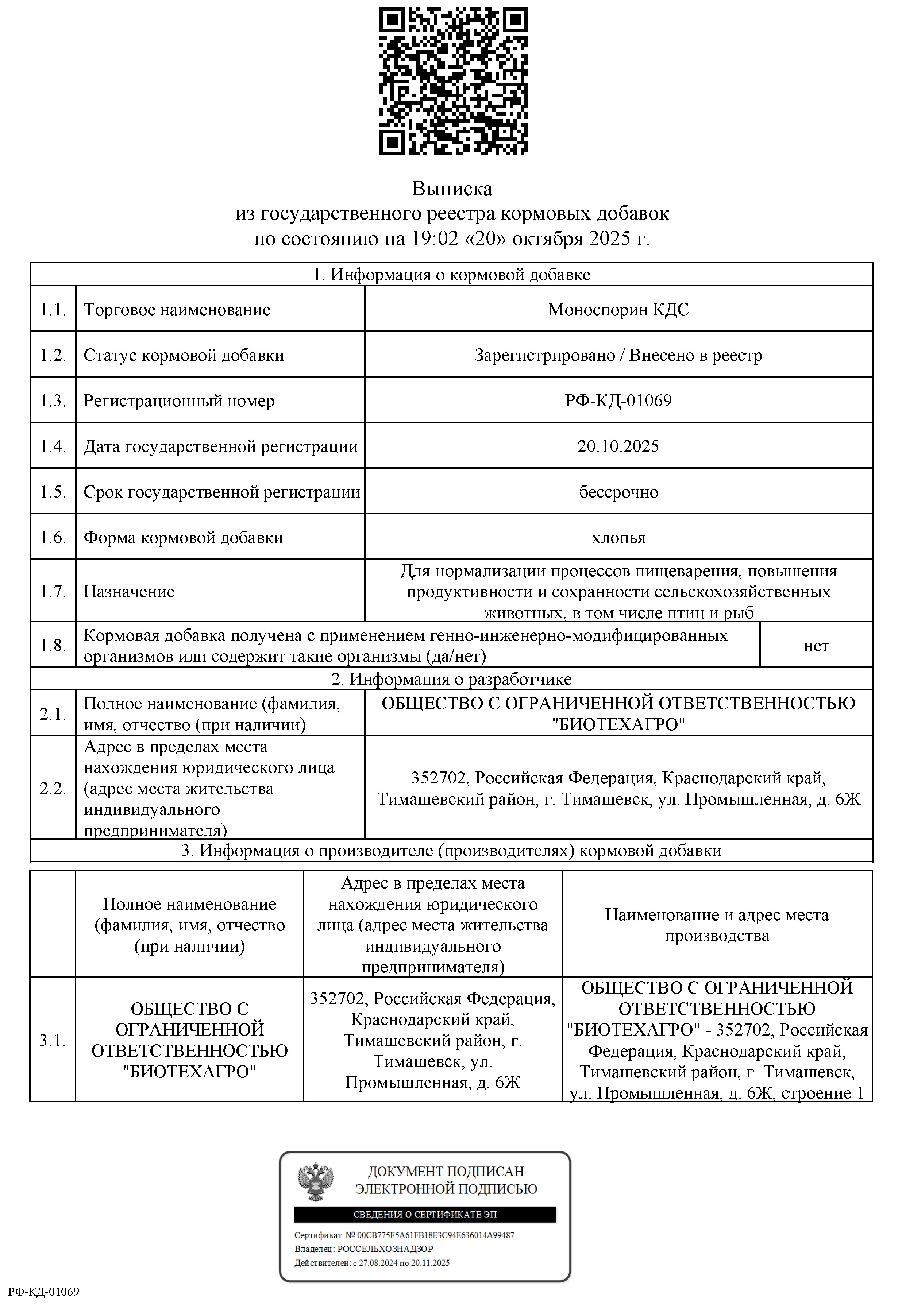 Выписка из государственного реестра кормовых добавок по состоянию на «20» октября 2025г. Выписка из государственного реестра кормовых добавок по состоянию на «20» октября 2025г.