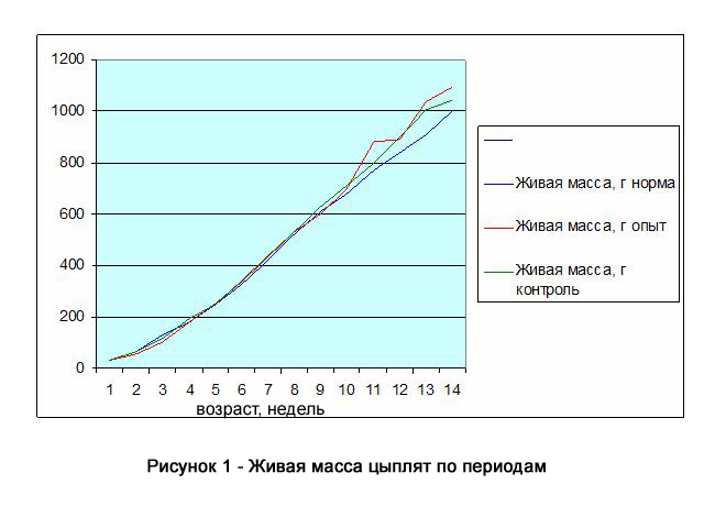 Рисунок 1 — Живая масса цыплят по периодам