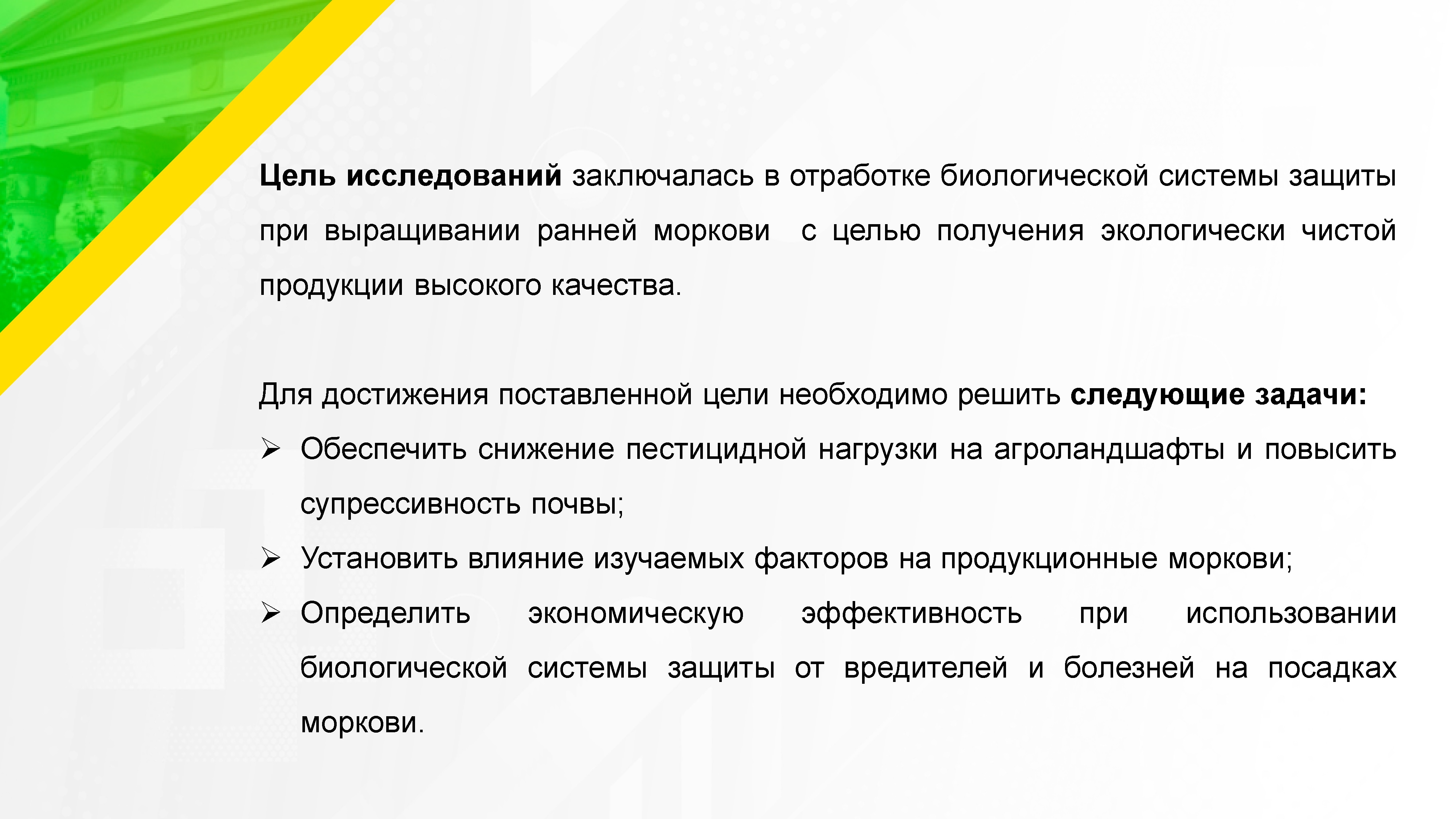 Цель исследований заключалась в отработке биологической системы защиты при выращивании ранней моркови с целью получения экологически чистой продукции высокого качества
